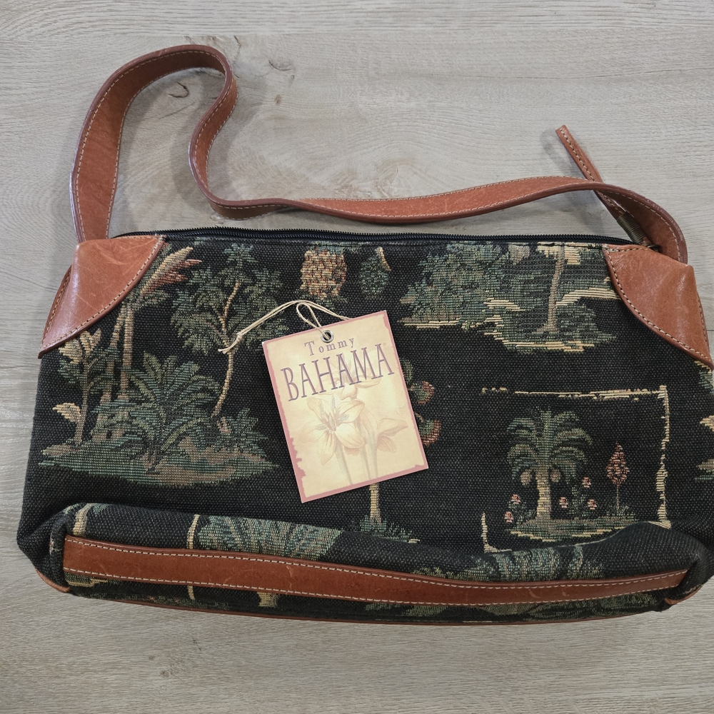 Vintage Tommy Bahama Leather And Canvas/tapestry Tropical Handbag